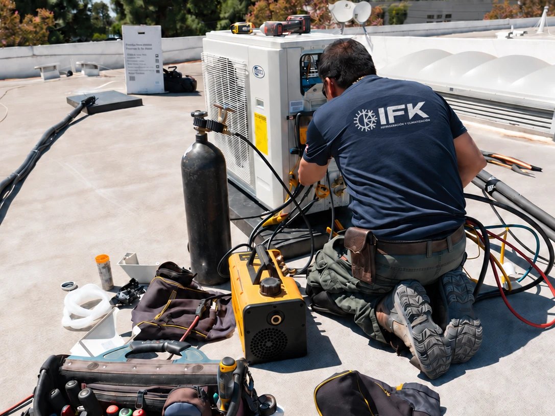 Técnico de IFK trabajando en un equipo de climatización en terreno